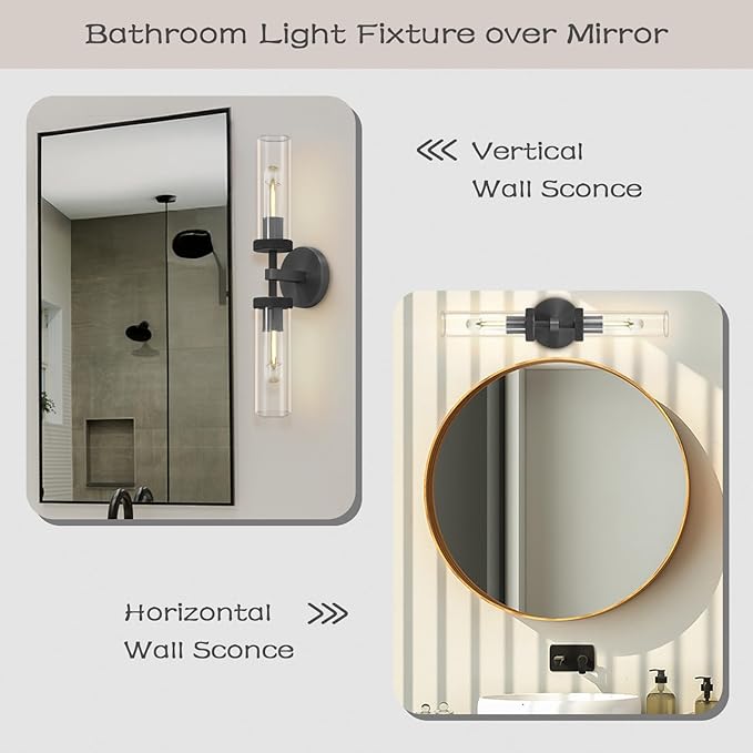 Bathroom Wall Sconce Hardwired, Black Wall Sconces, 20.5" Vanity Lights Over Mirror, Linear Wall Sconce Dimmable, Bathroom Light Fixtures Glass Tube, Bronze Wall Sconces Interior Sconces Wall Lighting