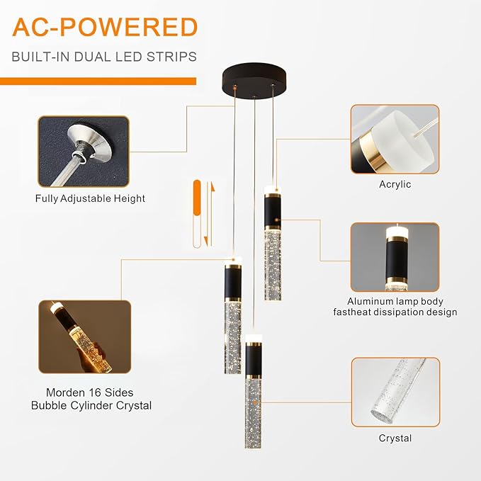 3-Light LED Pendant Light Modern Chandelier Hanging Chandelier Light Fixtures Adjustable Modern Led Pendant Ceiling Light Fixture for Kitchen, Island,Dining Room,Bedroom