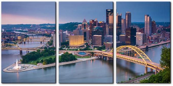 Pacimo Canvas Wall Decor for Living Room Bedroom Office Pittsburgh Cityscape Wall Art for Decorations Mount Washington Canvas Wall Prints City Skyline Picture for Home Decor Framed - 16"x24"x3 Panels