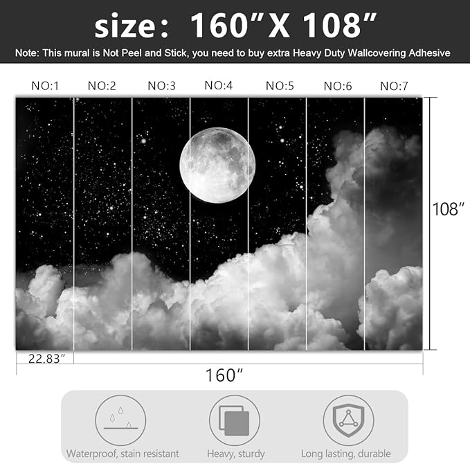 -Gray Galaxy Universe Moon Fabric Wallpaper Ceiling Starry Night White Clouds Living Room Bedroom Bathroom Boys and Girls Children's Room Large Mural- 160"x108"（ not Peel and Stick）