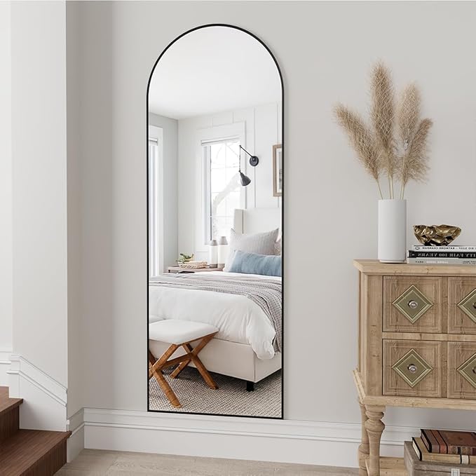 Arched Full Length Mirror, 57"X20" Large Floor Mirrors, Full Body Mirrors for Leaning or Hanging, Standing Mirror for Bedroom, Living Room,Dressing Room, Aluminum Alloy Frame, Black