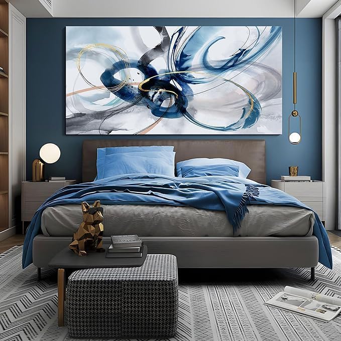 AJAZIKO Modern Abstract Canvas Wall Art - 29X58 Inches Blue and White Pictures for Living Room, Bedroom Aesthetic Home Decor