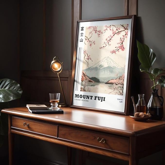 Mount Fuji Poster, Traditional Japanese Wall Art Print with Cherry Blossoms, Japandi Style Asian Home Decor, Fujisan Landscape Artwork for Bedroom or Living Room (Unframed) (12x18)