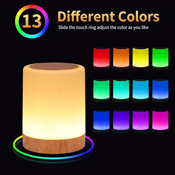 OORUN Touch Bedside Table Lamp,13 RGB Colors & 5 Brightness, USB Rechargeable Desk Lamp, Remote Control Dimmable Light with RGB Color Changing,Portable Lamp for Baby (2 Pack Brown)