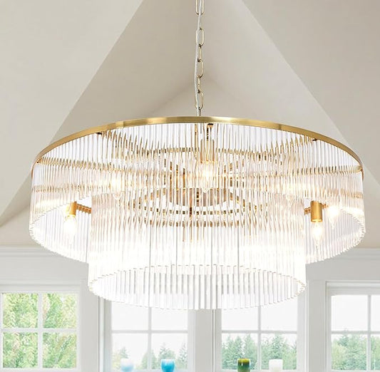 Contemporary Brass Dining Room Chandelier 2 Tier Crystal Glass Chandeliers Lighting Light Fixture Ceiling Entryway Bedroom Kitchen Entryway 10 Lights Round 32"