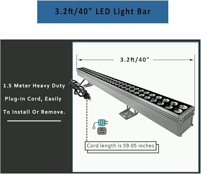 LED Wall Washer Lights-72W 5000K Daylight Wall Wash Lighting, 7200lm, 3.2ft/40, IP65 Waterproof for Indoor/Outdoor, Plug in 120V LED Light Bar for Sign, Wall, Art Display, Front Door, Yard