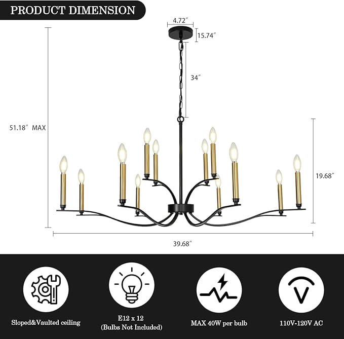 12-Light Black Chandeliers for Dining Room 39" Modern Farmhouse Chandelier Adjustable Height Candle Chandelier for Living Room Kitchen Foyer Entryway Hallway E12 Base