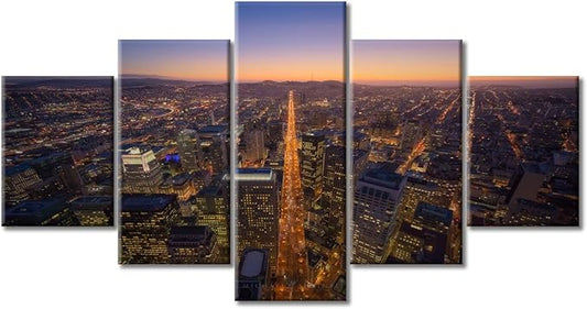 American Cityscape Wall Decor San Francisco Skyline Wall Art Posters and Prints Bedroom 5 Pieces City Night Light Pictures Wall Decor Living Room Giclee Print Gallery Packaging Artwork (60"Wx32"H)