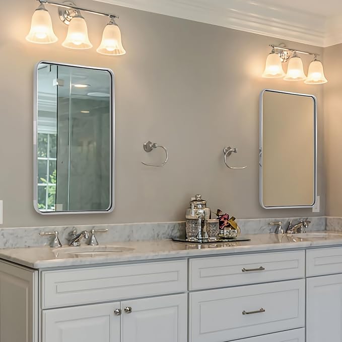 ANDY STAR 24x40'' Bathroom Mirror for Wall, Brushed Nickel Rounded Rectangle Mirror for Vanity in Stainless Steel Tube Metal Frame Antirust Wall-Mounted Horizontal or Vertical
