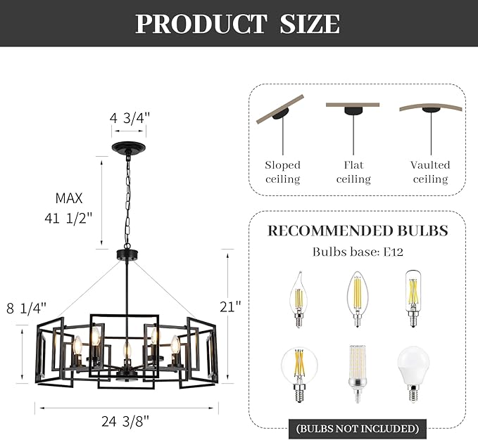 5-Light Black Geometric Chandelier,Height Adjustable Industrial Chandelier for Dining Room,Modern Farmhouse Chandelier Light Fixture over Table,for Bedroom,Living Room,Entryway,Bulbs Not Included