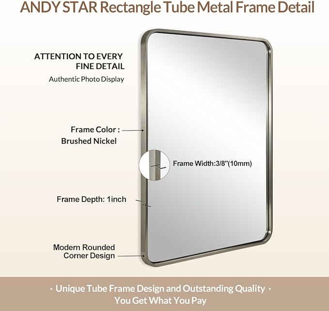 ANDY STAR 22x30'' Brushed Nickel Bathroom Mirror, Rounded Rectangle Brushed Silver Mirror for Bathroom Vanity SUS304 Metal Tube Framed(Rustproof) 1’’ Deep Wall Mounted Vertically/Horizontally