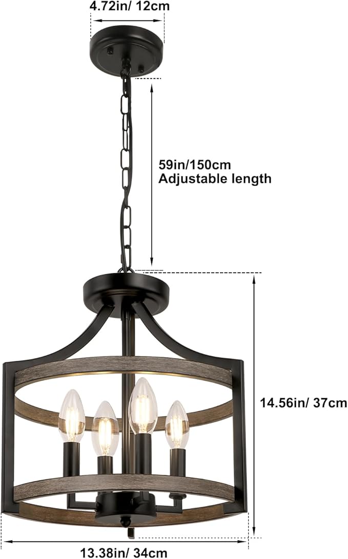 4-Light Farmhouse Chandelier, Rustic Metal Hanging Pendant Lighting, Convertible Semi Flush Mount Ceiling Light Fixture Faux Wood Black Chandeliers for Dining Room Kitchen Foyer Entryway