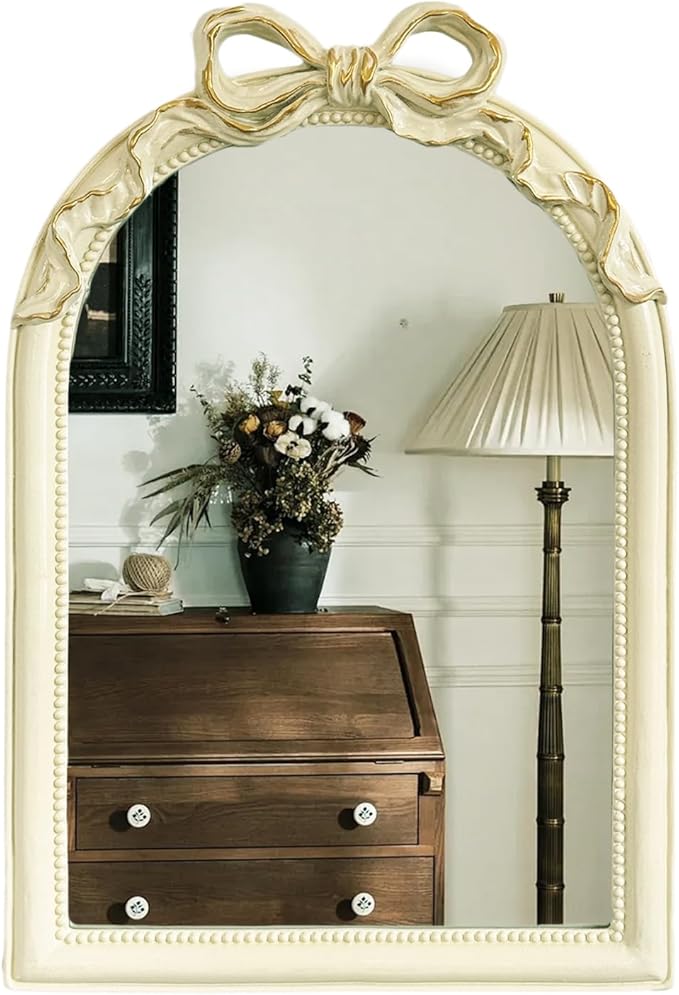 Light Luxury Girly Bowknot Vanity Mirror, French Vintage Bathroom Mirror for Over Sink/Wall, Decorative Espejos para Baños for Bedroom & Bath (Bow-Yellow Gold, 15" L x 22" W)