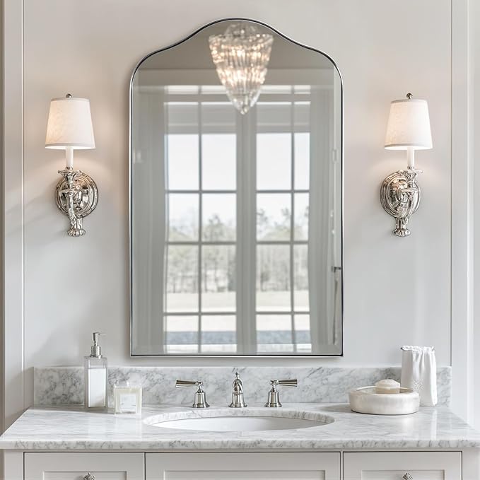 ANDY STAR Scalloped Arched Mirror, 24x38 Brushed Nickel Irregular Bathroom Mirror for Vanity, Asymmetrical Curved Top with Anti-Rust Stainless Steel Frame, for Entryway, Bedroom, Mantel, Fireplace