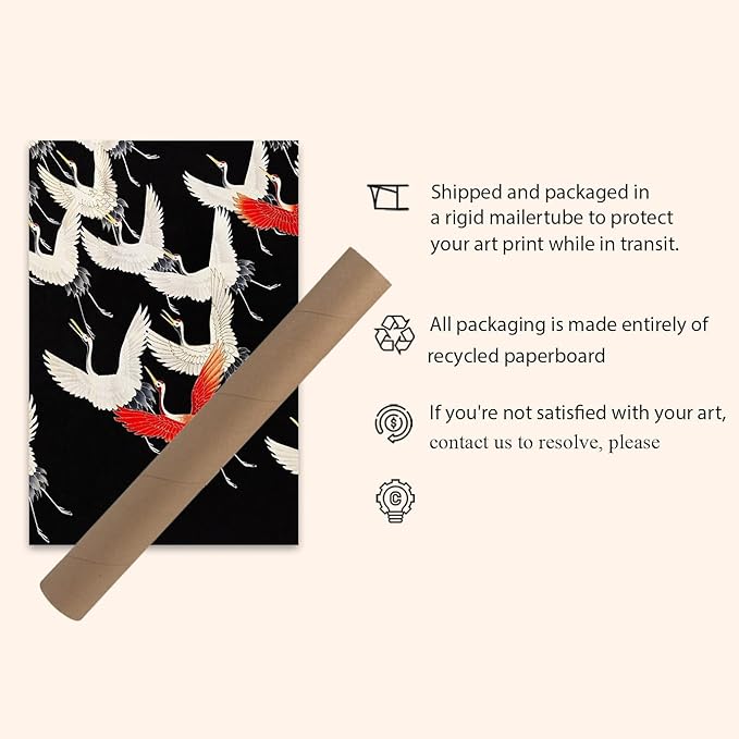 OZCONO Japanese Flying Cranes Wall Art Print, Black and Red Traditional Art, Unframed Gallery Quality Giclée Print (36L x 24W)