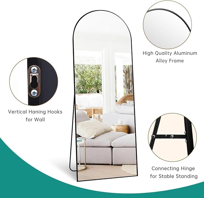Arched Full Length Mirror, 65"x21" Gold Mirror with Stand, Full Body Mirrors for Leaning Against or Wall Mounted, Large Floor Mirrors for Bedroom, Living Room, Black