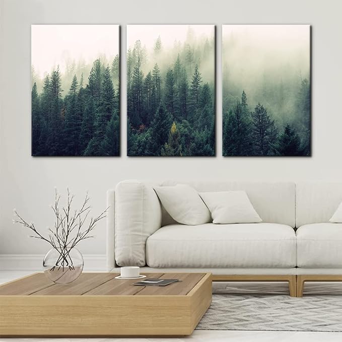 Pacimo Canvas Print Wall Art Set Aerial View of Pine Trees in Mist Nature Wilderness Photography Realism Rustic Scenic Modern Artwork Decor Stretch and Framed Ready to Hang - 16"x24"x3 Panels