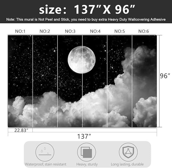 -Gray Galaxy Universe Moon Fabric Wallpaper Ceiling Starry Night White Clouds Living Room Bedroom Bathroom Boys and Girls Children's Room Large Mural- 137"x96"（ not Peel and Stick）