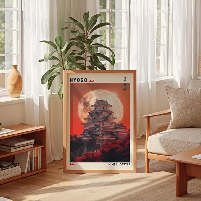 Nationcog Himeji Castle Poster, Japanese Wall Art Print Featuring Hyogo Temple and Full Moon, Japandi Style Asian Landscape Artwork for Living Room, Bedroom or Office (Unframed) (12x18)