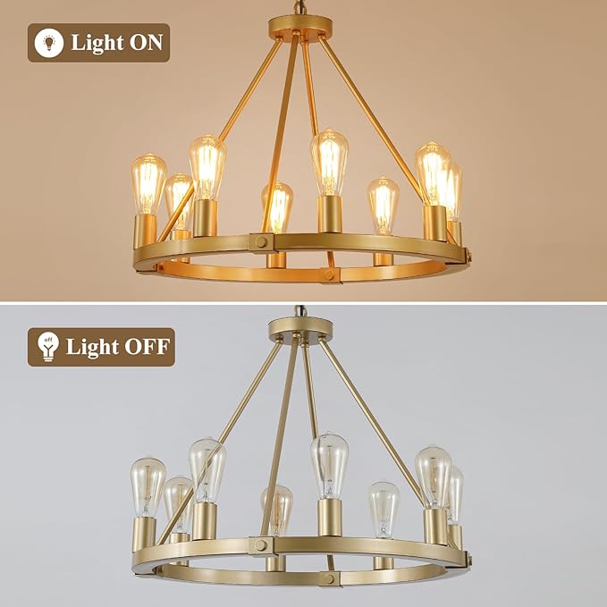 9MMML 23.6“ 8 Lights Golden Wagon Wheel Chandelier, Large Luxury Kitchen Island Pendant Light for Living Dining Room Foyer Entryway,Height Adjustable,E26.