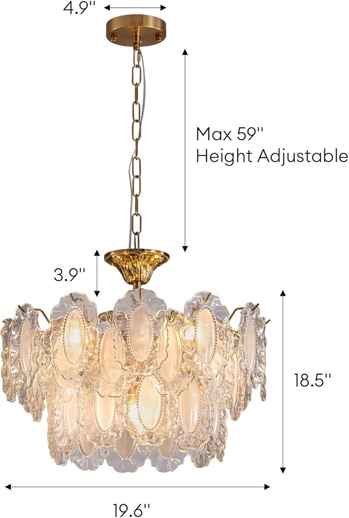 7PM Modern Gold Glass Chandelier, Antique Crystal Chandeliers 3-Layer 6 Light Round Pendant Chandelier for Dining Room Kitchen Island Living Room Bedroom 59" Height Adjustable, 20inch