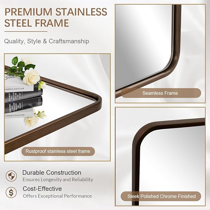 ANDY STAR Bronze Bathroom Mirror, 30x48 Inch Oil Rubbed Bronze Mirror Rounded Rectangle Tube Metal Frame 1’’ Deep, Wall-Mounted Horizontal/Vertical