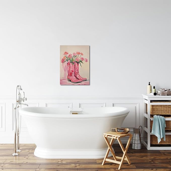 Julaydi Floral Cowgirl Boots Wall Art Pink Cowboy Boots with Flower Painting Western Aesthetic Canvas Prints Poster Trendy Preppy Girls Room Decor Picture for Living Room Bedroom Dorm 16x24in Framed