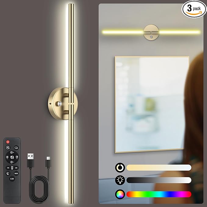 Battery Operated Wall Sconce,Wireless Wall Lights with Remote, 360°DIY Rotatable RGB Lamp with Timer, 3000K-6500K LED Dimmable Wall Decor for Vanity, Living Room, Hallway Gold