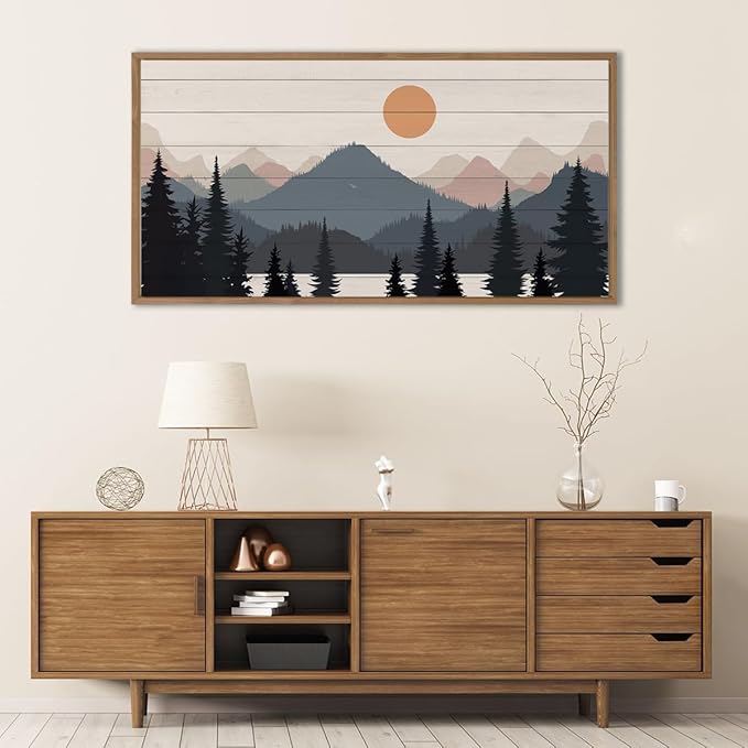Anyzal Large Framed Serene Mountain Range Canvas Wall Art Boho Sunset forest Lake Wall Decor Abstract Nature Wilderness Art Print for Bedroom Living room Office Large 20x40 Inch