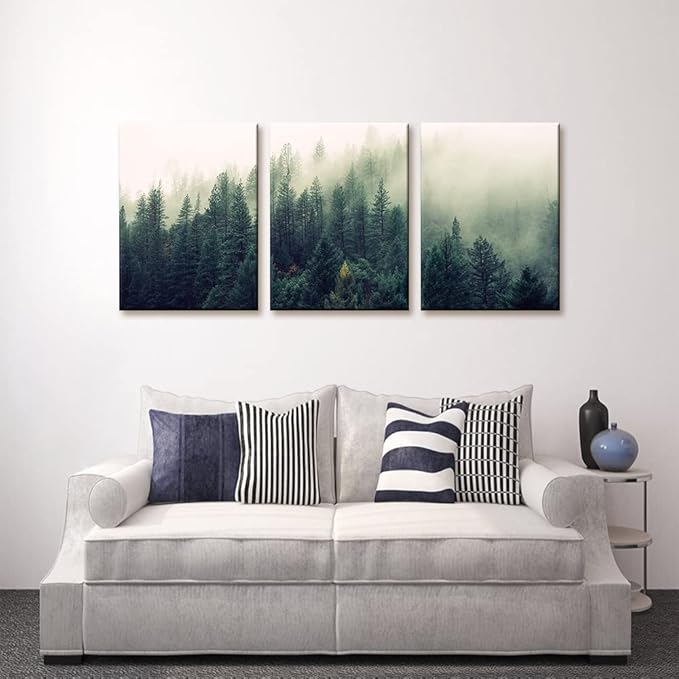 Pacimo Canvas Print Wall Art Set Aerial View of Pine Trees in Mist Nature Wilderness Photography Realism Rustic Scenic Modern Artwork Decor Stretch and Framed Ready to Hang - 12"x16"x3 Panels