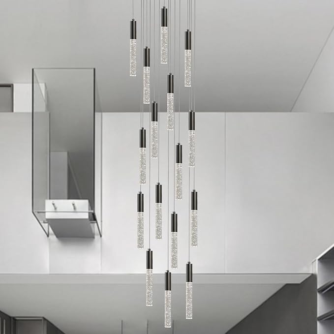 Modern Black Chandelier, Round Crystal Dimmable Hanging Lamp in Dark Bronze, Large Raindrop Pendant Lights for Dining Room Living Room Staircase Farmhouse