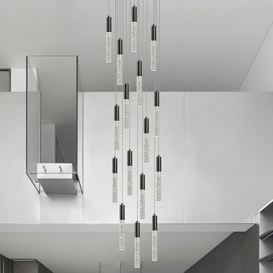 Modern Black Chandelier, Round Crystal Dimmable Hanging Lamp in Dark Bronze, Large Raindrop Pendant Lights for Dining Room Living Room Staircase Farmhouse