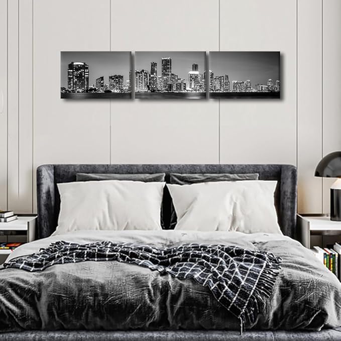 Miami Skyline Wall Art for Living Room Downtown Miami Black and White Wall Art Canvas Print Modern Home Decor Pictures Skyscraper Artwork House Decor Posters Prints Ready to Hang 12x48 Inch