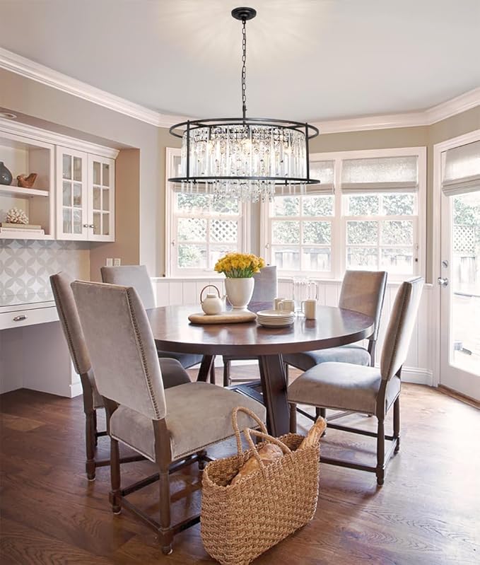 Modern Crystal Chandelier Black Round Lighting Fixture for Dining Room Bedroom Entryway Kitchen Island Living Room