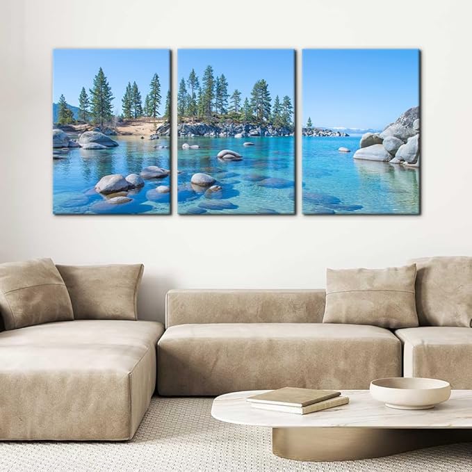 Pacimo Canvas Print Wall Art Set Vibrant Forest & Rocky Lake Landscape Nature Wilderness Photography Realism Rustic Scenic Modern Artwork Decor Stretch Framed Ready to Hang - 20"x28"x3