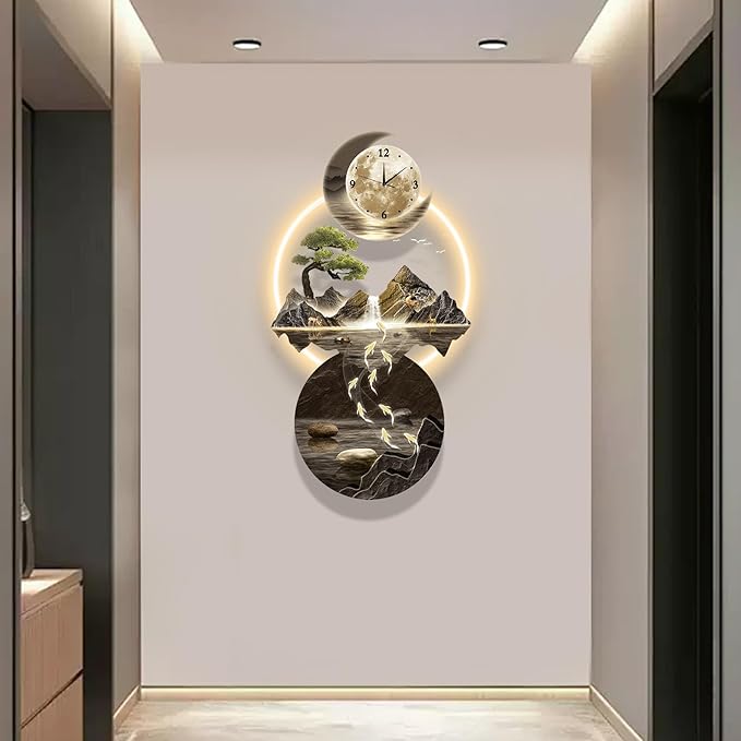 LED Light Art Wall Decor, 3D Art Wall Decor Clock, Decor Wall Sculptures with Lights, Modern Home Decor Landscape Wall Sculpture, Plug-in Power Supply, Gold F, 23x47IN