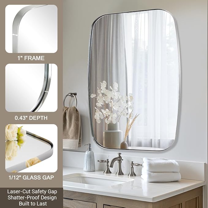 ANDY STAR 30x40 Chrome Bathroom Mirror, Oblong Silver Mirror with Stainless Steel Metal Frame, Oval Vanity Mirror for Over Sink, Modern Anti Rust Wall Mounted