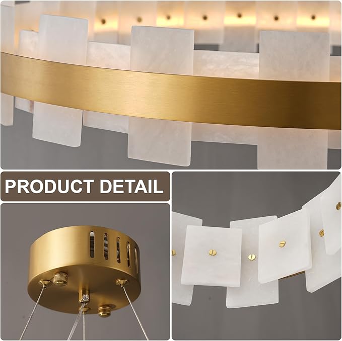 Modern Alabaster Linear Chandelier, 20 Inch Round Adjustable Flushmount Ceiling Light Fixture for Living Room, Over Table, Bedroom, Hallway, Entryway