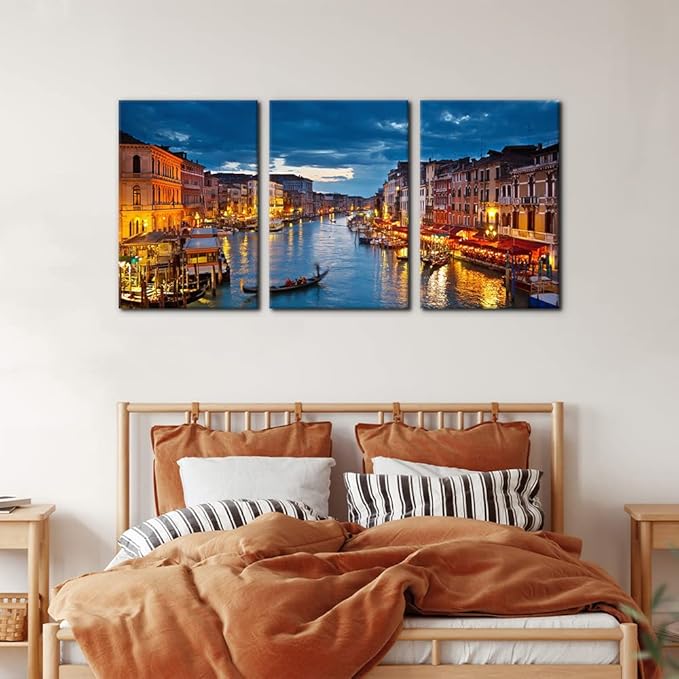 Pacimo 3 Piece Venice Night View Giclee Canvas Prints Wall Art Italy Venice Grand Canal at Night Picture Painting Print on Canvas Poster Modern Artwork Stretch and Framed Ready to Hang -16" x 24" x 3…