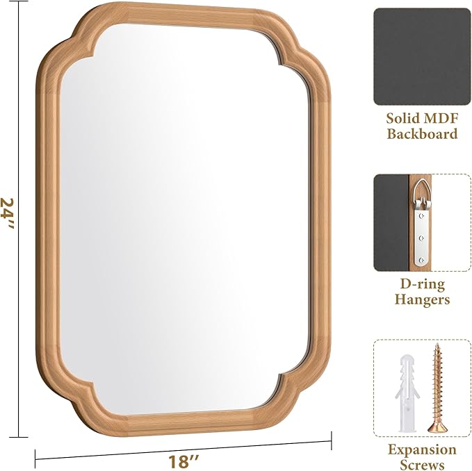 Natural Wood Framed Mirror,18X24 Inch Bathroom Mirror for Over Sink Wood Mirror for Bathroom Modern Rounded Corner Rectangle Wall Mounted Mirror for Bathroom (Horizontal/Vertical)