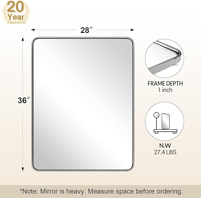 ANDY STAR 28x36 INCH Chrome Bathroom Mirrors, Polished Chrome Bathroom Mirror, Rounded Rectangle Mirror, Anti-Rust SUS304, Tube Metal Frame, 1’’ Deep Wall Mounted Vertically/Horizontal for Bathroom