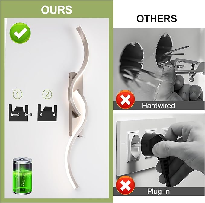 Modern Battery Operated Wall Sconces, Rechargeable Wall Sconces, 3000K-6500K LED Wireless Wall Light, Modern Wall Lamp not Hardwired for Living Room Bedroom Hallway (Nickel)