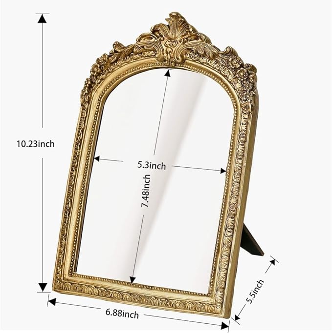 11” x 9.5” Small Gold Vintage Wall Mirror, Antique Gold Resin Baroque, Decorative Hanging & Tabletop