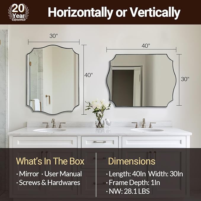 ANDY STAR Large Brushed Nickel Mirror, 30x40 Inch Scalloped Bathroom Mirror, Modern Rectangle Mirror with Unique Wavy Design, Ideal for Home Decor, Rust-Proof Stainless Steel 1" Frame