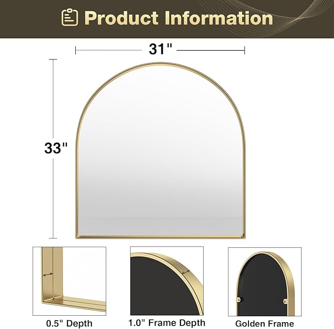 Brightify Arched Mirror, 31 x 33 Inch Gold Arch Mirror, Metal Frame Gold Arched Wall Mirror, Arched Top Bathroom Vanity Mirror for Living Room Bedroom Mantle Entryway Hallways