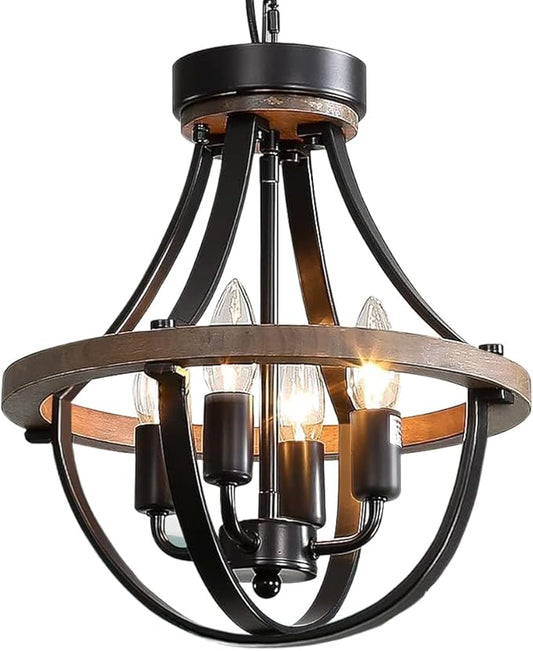 Chandeliers，Farmhouse Ceiling Chandelier Wood Black Modern Rustic Hanging Pendant Light Fixture with Chain for Dining Room Living Room Entryway Kitchen Island Bedroom Foyer Lighting（4-Light）