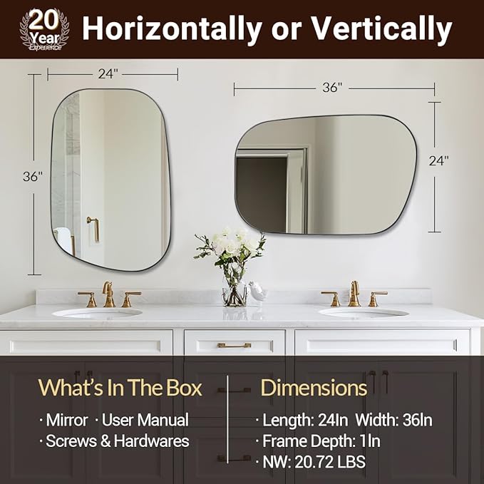 ANDY STAR Brushed Nickel Mirror, 22"x30" Silver Asymmetrical Wall Mirror for Bathroom, Unique Irregular Design with SUS304 Stainless Steel Metal Frame, Ideal for Bathroom, Bedroom, Entryway