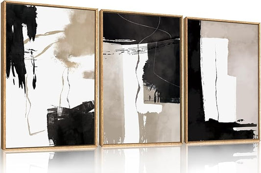 Black White Brown Framed Canvas Wall Art Set, Neutral Geometric Wall Decor, Modern Abstract Wall Painting, Minimalist Artworks for Living Room, Bedroom, Dining Room, Office - 24"x36"x3