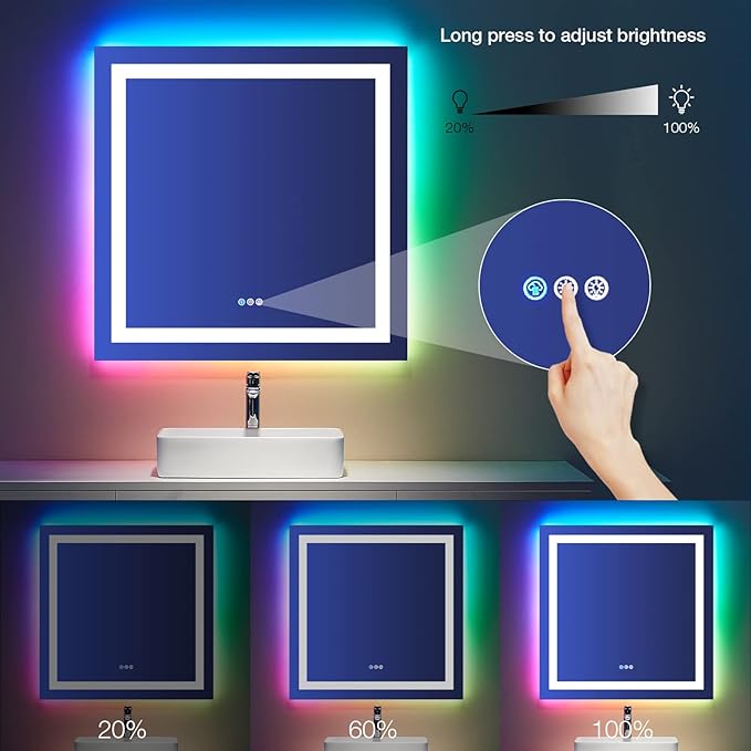 LOAAO 36"X36" LED Bathroom Mirror with Lights, Anti-Fog, Dimmable, RGB Backlit + Front Lighted, Bathroom Vanity Mirror for Wall, Memory Function
