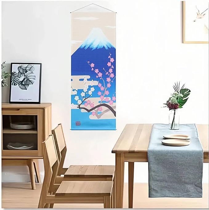 Japanese Tapestry Wall Art Scroll Feng Shui & Lucky Symbols | W15.7xH47.2", Extra Long Vertical Hanging Decor for Bedroom, Living Room, Office Zen Design Mount Fuji and cherry blossoms CTT-15